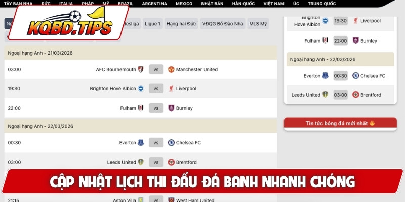 Cập nhật lịch thi đấu đá banh nhanh chóng